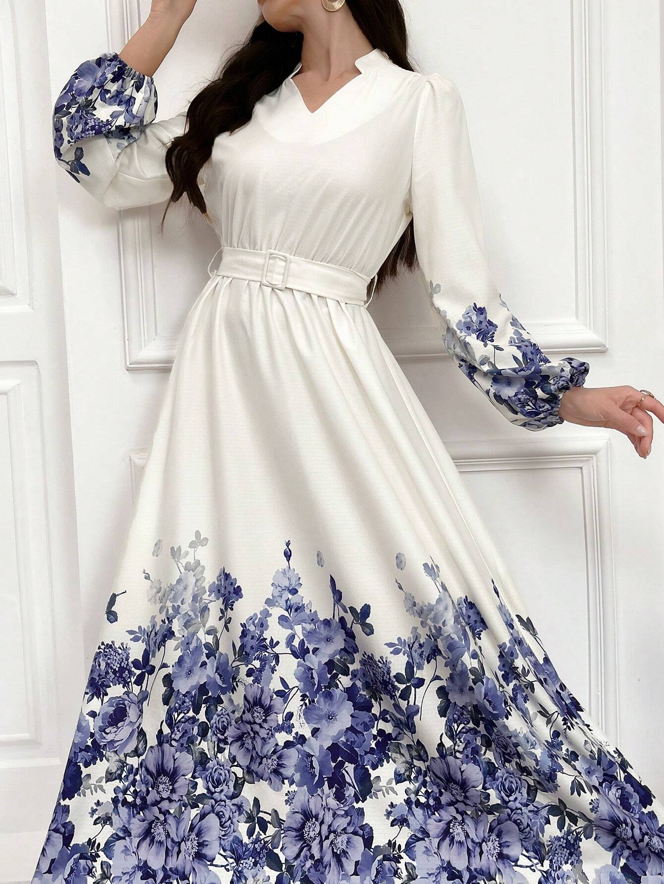  | SHEIN Mulvari Notch Neck Belted Long Sleeve Modest Dress With Floral Print | Dress | Shein | OneHub