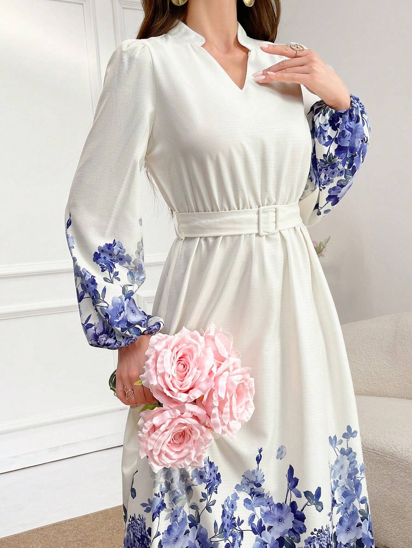  | SHEIN Mulvari Notch Neck Belted Long Sleeve Modest Dress With Floral Print | Dress | Shein | OneHub