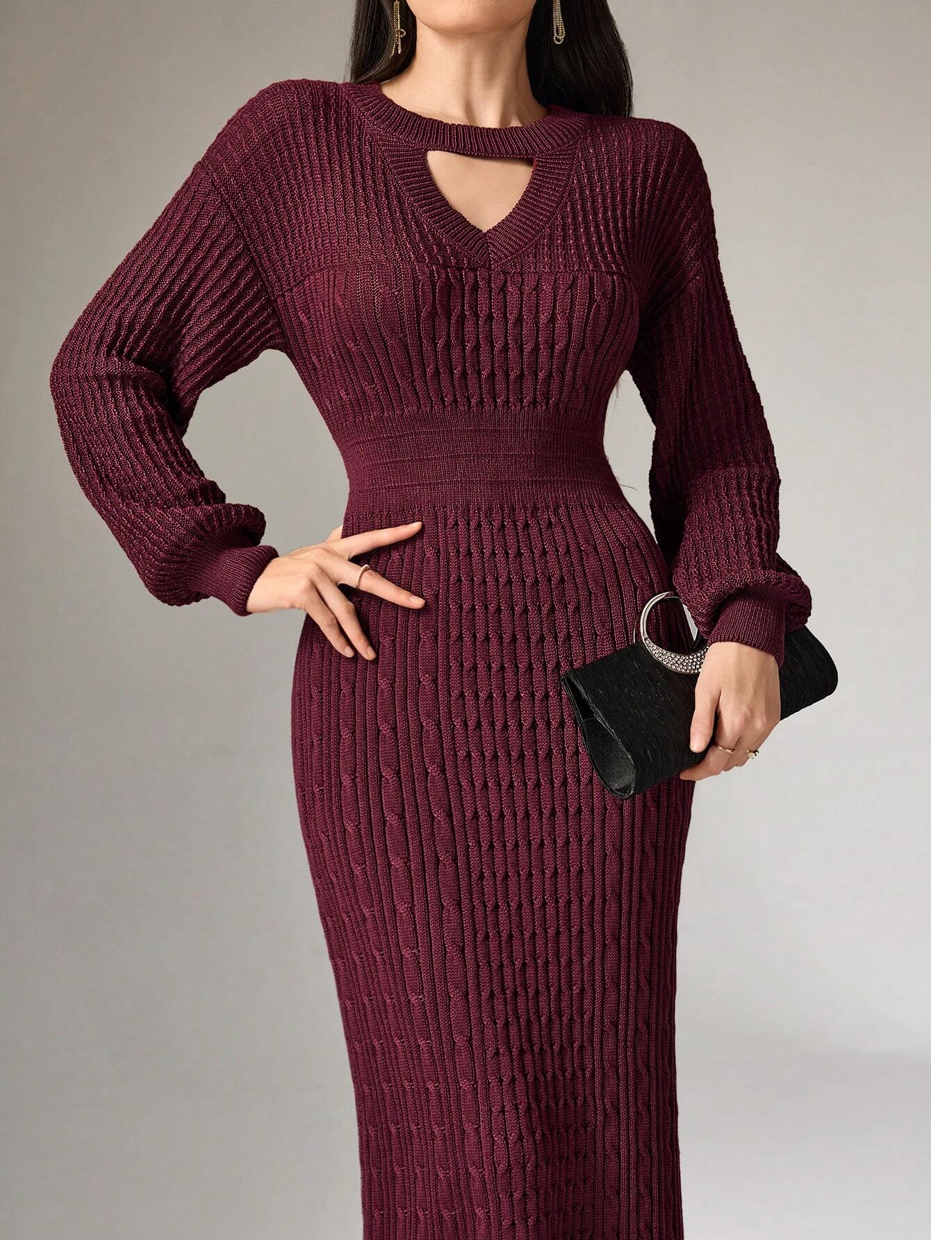  | SHEIN Mulvari Women Casual Solid Color Hollow Out Lantern Sleeve Slim Fit Maxi Sweater Dress | Dress | Shein | OneHub