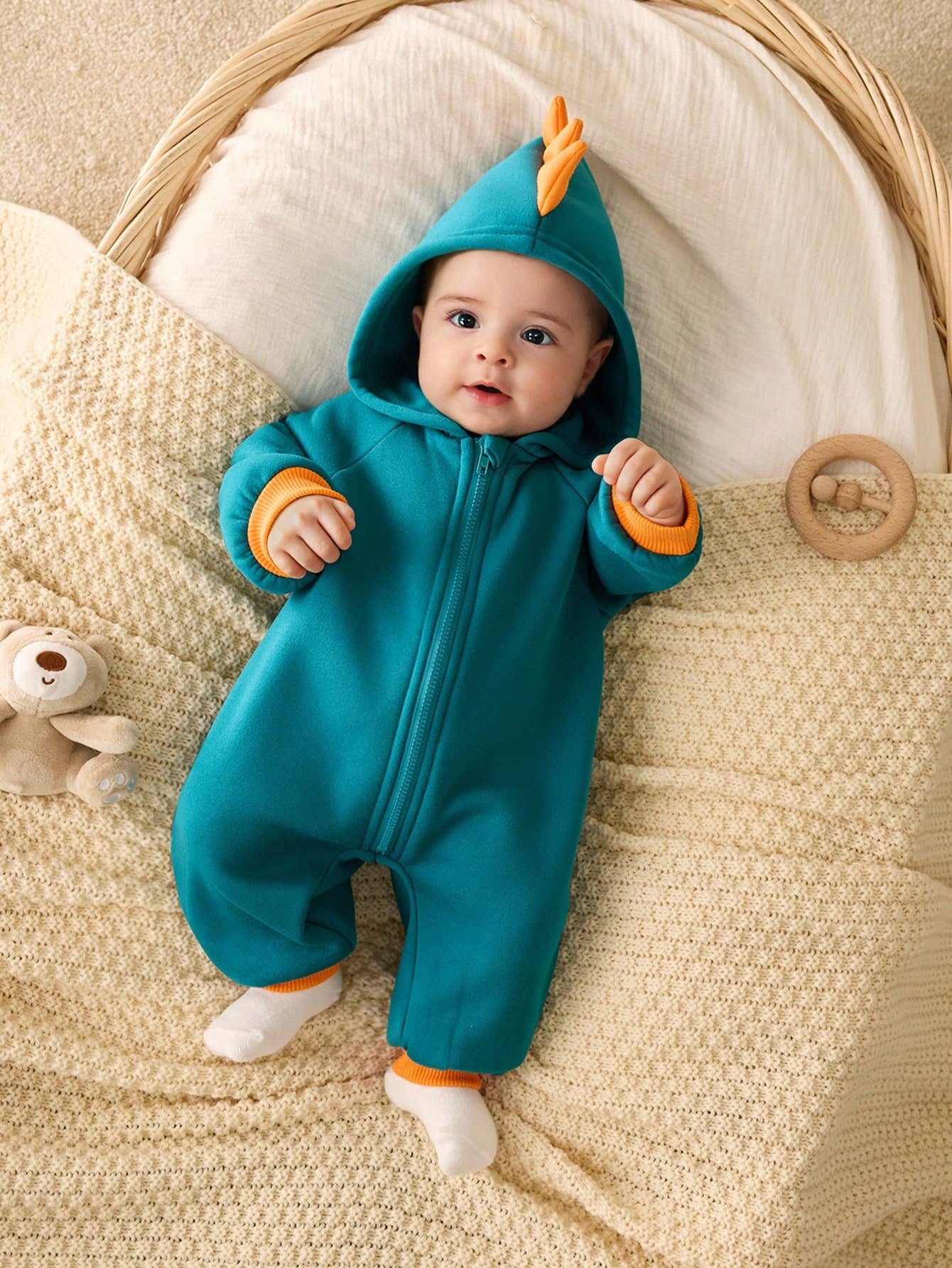 SHEIN Newborn Baby Boy Cute Colorblock Knitted Dinosaur Hooded Romper, Halloween Costume, Autumn/Winter Fall