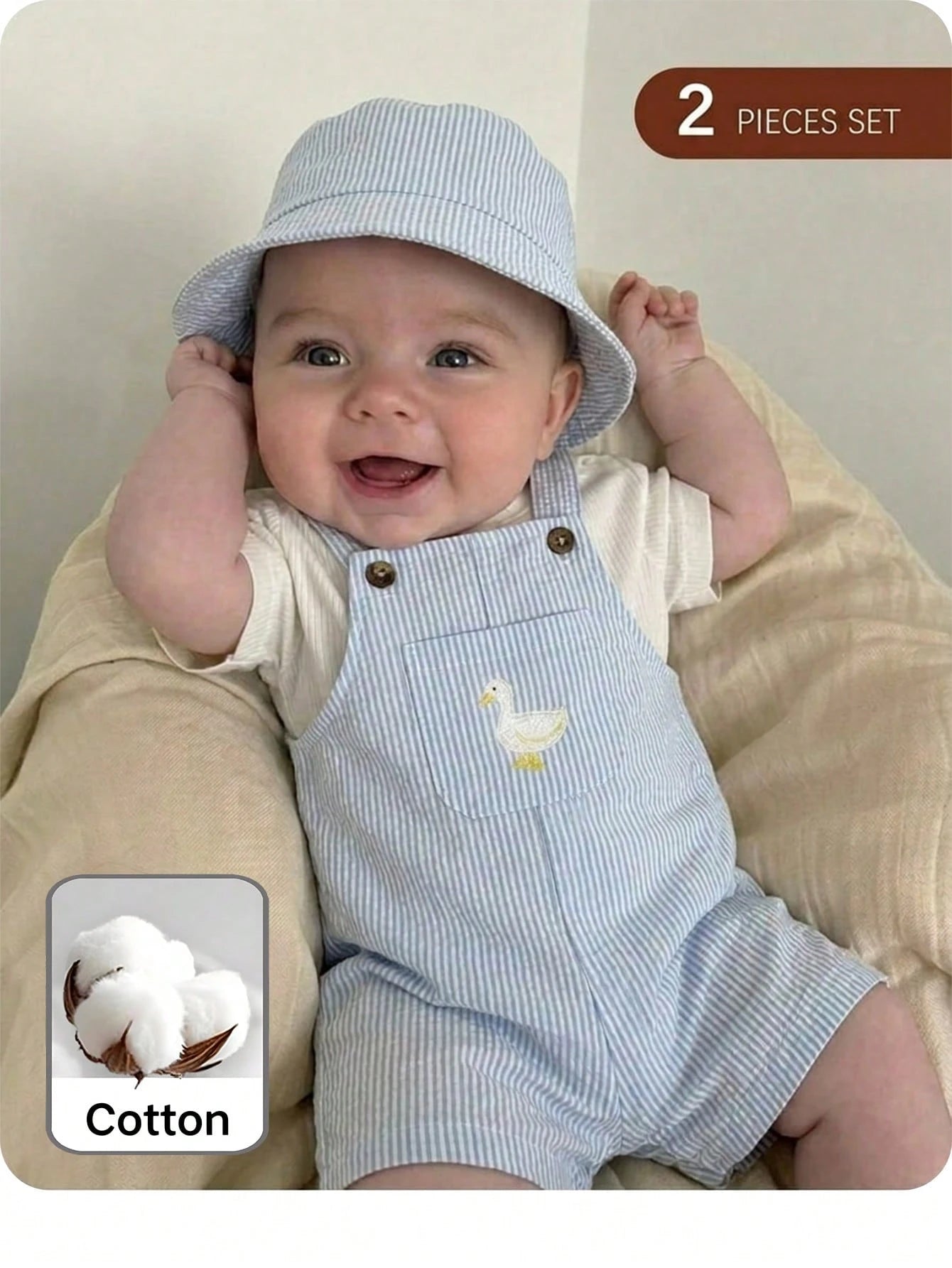 SHEIN Newborn Baby Boy Cute Summer Versatile Cartoon Duck Striped Romper&Hat Set Overall Sleeveless Blue Vintage Outfit Goose Preemie Clothes For