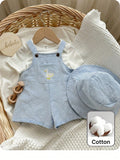 SHEIN Newborn Baby Boy Cute Summer Versatile Cartoon Duck Striped Romper&Hat Set Overall Sleeveless Blue Vintage Outfit Goose Preemie Clothes For
