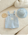 SHEIN Newborn Baby Boy Cute Summer Versatile Cartoon Duck Striped Romper&Hat Set Overall Sleeveless Blue Vintage Outfit Goose Preemie Clothes For