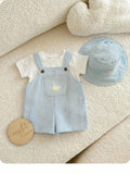 SHEIN Newborn Baby Boy Cute Summer Versatile Cartoon Duck Striped Romper&Hat Set Overall Sleeveless Blue Vintage Outfit Goose Preemie Clothes For