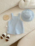 SHEIN Newborn Baby Boy Cute Summer Versatile Cartoon Duck Striped Romper&Hat Set Overall Sleeveless Blue Vintage Outfit Goose Preemie Clothes For