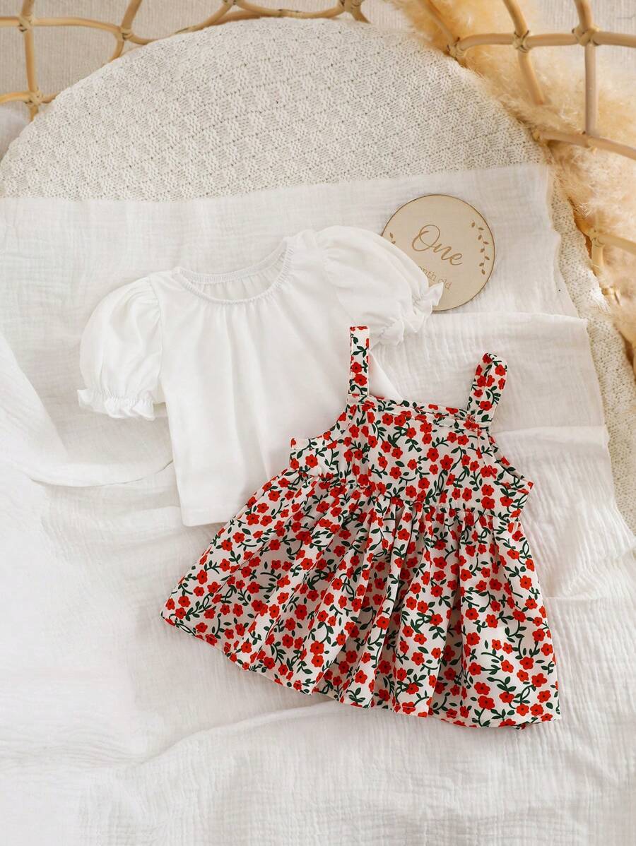  | SHEIN Newborn Baby Girl Cute Sweet Ruffle Sleeve Solid Color Top & Floral Suspender Skirt 2pcs Set, Suitable For Summer | Dress | Shein | OneHub