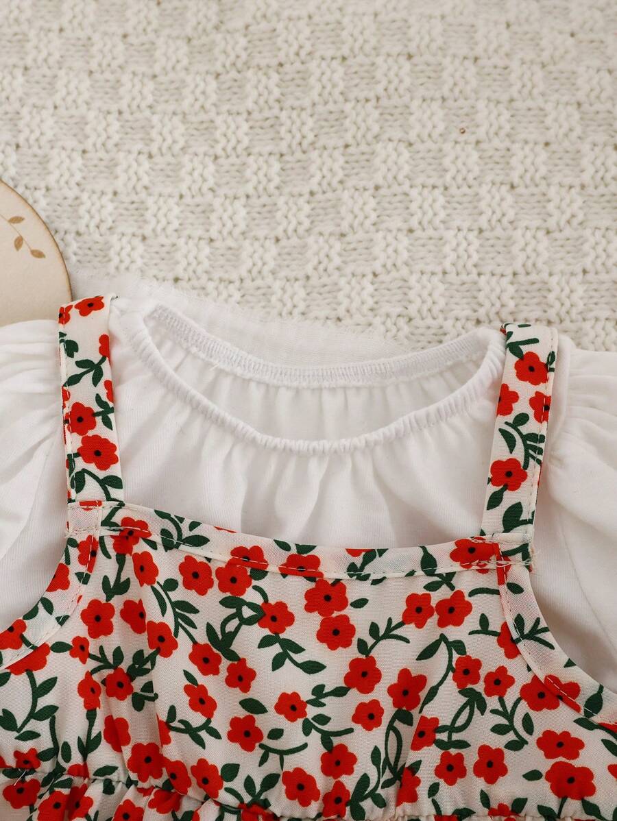  | SHEIN Newborn Baby Girl Cute Sweet Ruffle Sleeve Solid Color Top & Floral Suspender Skirt 2pcs Set, Suitable For Summer | Dress | Shein | OneHub