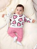 SHEIN Newborn Baby Girl Heart Printed Sweatshirt And Solid Color Elastic Waist Long Pants Set