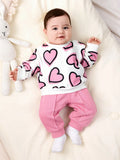 | SHEIN Newborn Baby Girl Heart Printed Sweatshirt And Solid Color Elastic Waist Long Pants Set | Bodysuit | Shein | OneHub