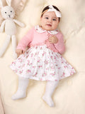 SHEIN Newborn Baby Girl Knitted Sleeveless Dress With Floral Pattern, Peter Pan Collar, Hem Ruffle Details, And Solid Color Long-Sleeved Cardigan Set