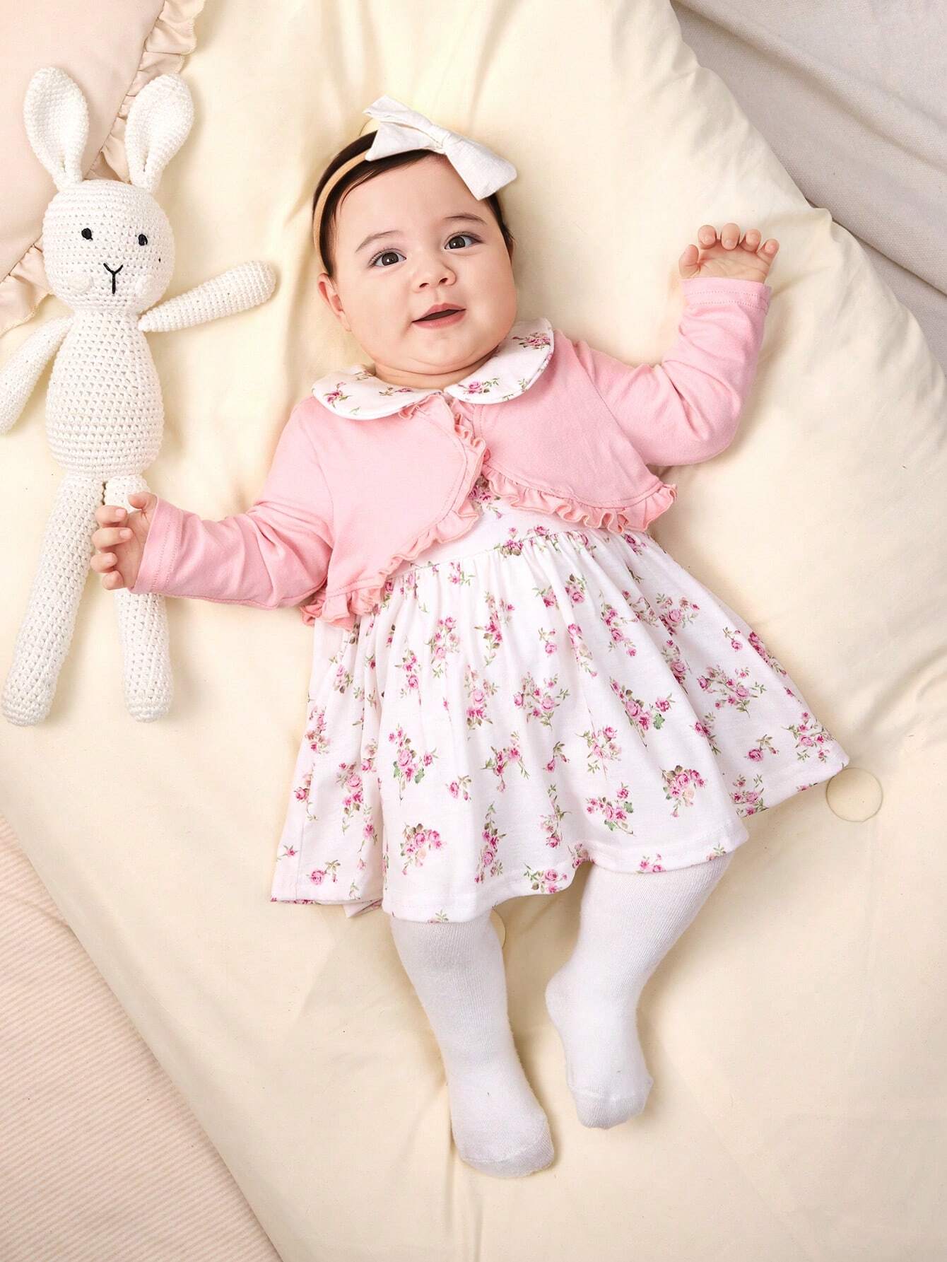  | SHEIN Newborn Baby Girl Knitted Sleeveless Dress With Floral Pattern, Peter Pan Collar, Hem Ruffle Details, And Solid Color Long-Sleeved Cardigan Set | dress | Shein | OneHub
