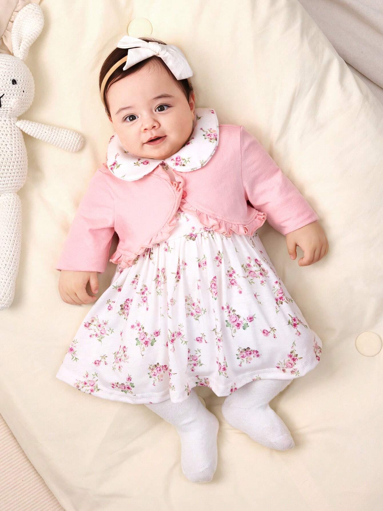  | SHEIN Newborn Baby Girl Knitted Sleeveless Dress With Floral Pattern, Peter Pan Collar, Hem Ruffle Details, And Solid Color Long-Sleeved Cardigan Set | dress | Shein | OneHub