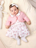  | SHEIN Newborn Baby Girl Knitted Sleeveless Dress With Floral Pattern, Peter Pan Collar, Hem Ruffle Details, And Solid Color Long-Sleeved Cardigan Set | dress | Shein | OneHub