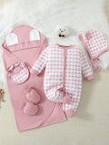 SHEIN Newborn Baby Girls' Pink Gingham Print 3d Shaped Hat, Towel, Footed Jumpsuit, And Bodysuit Set With Gift Box