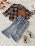 SHEIN Playful Pals 3pcs Baby Girls' Fashion Chic Outfit: Plaid Long Sleeve Shirt + Suspender Short Crop Top + Flared Denim Pants Casual Suit Autumn Fall