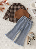 SHEIN Playful Pals 3pcs Baby Girls' Fashion Chic Outfit: Plaid Long Sleeve Shirt + Suspender Short Crop Top + Flared Denim Pants Casual Suit Autumn Fall