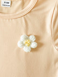 SHEIN Playful Pals Baby Girl 3D Floral Decor Short Sleeve T-Shirt And Plaid Pants Casual Outfit