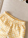 SHEIN Playful Pals Baby Girl 3D Floral Decor Short Sleeve T-Shirt And Plaid Pants Casual Outfit