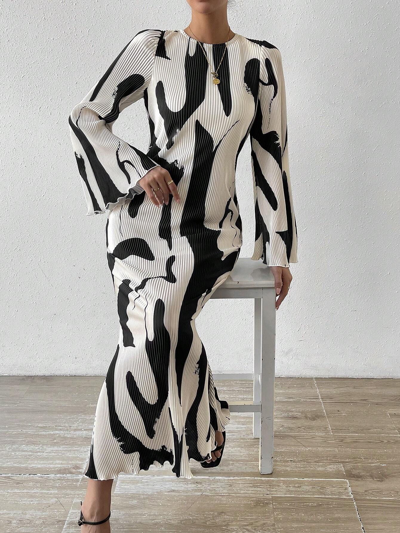  | SHEIN Privé Allover Print Flounce Sleeve Mermaid Hem Dress | Dress | Shein | OneHub