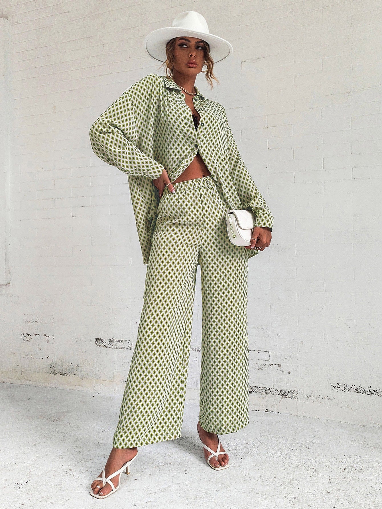  | SHEIN Privé Argyle Print Drop Shoulder Blouse & Wide Leg Pants | Top and Pant Set | Shein | OneHub