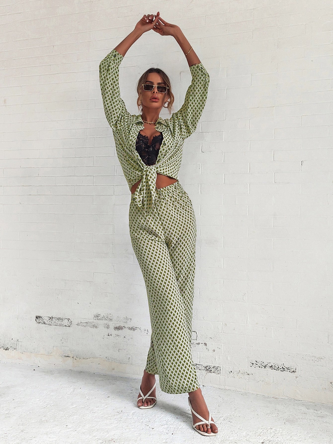  | SHEIN Privé Argyle Print Drop Shoulder Blouse & Wide Leg Pants | Top and Pant Set | Shein | OneHub