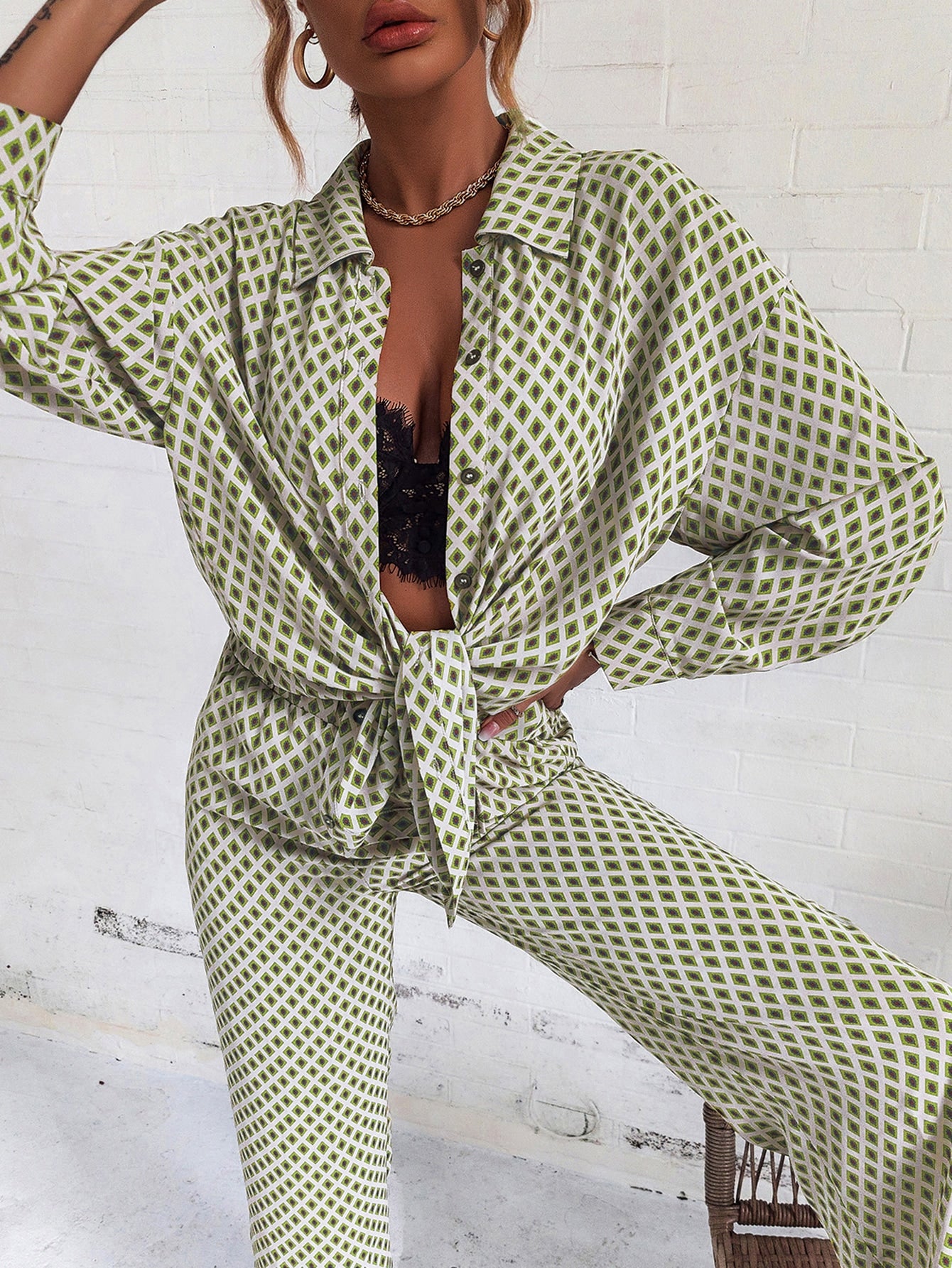  | SHEIN Privé Argyle Print Drop Shoulder Blouse & Wide Leg Pants | Top and Pant Set | Shein | OneHub