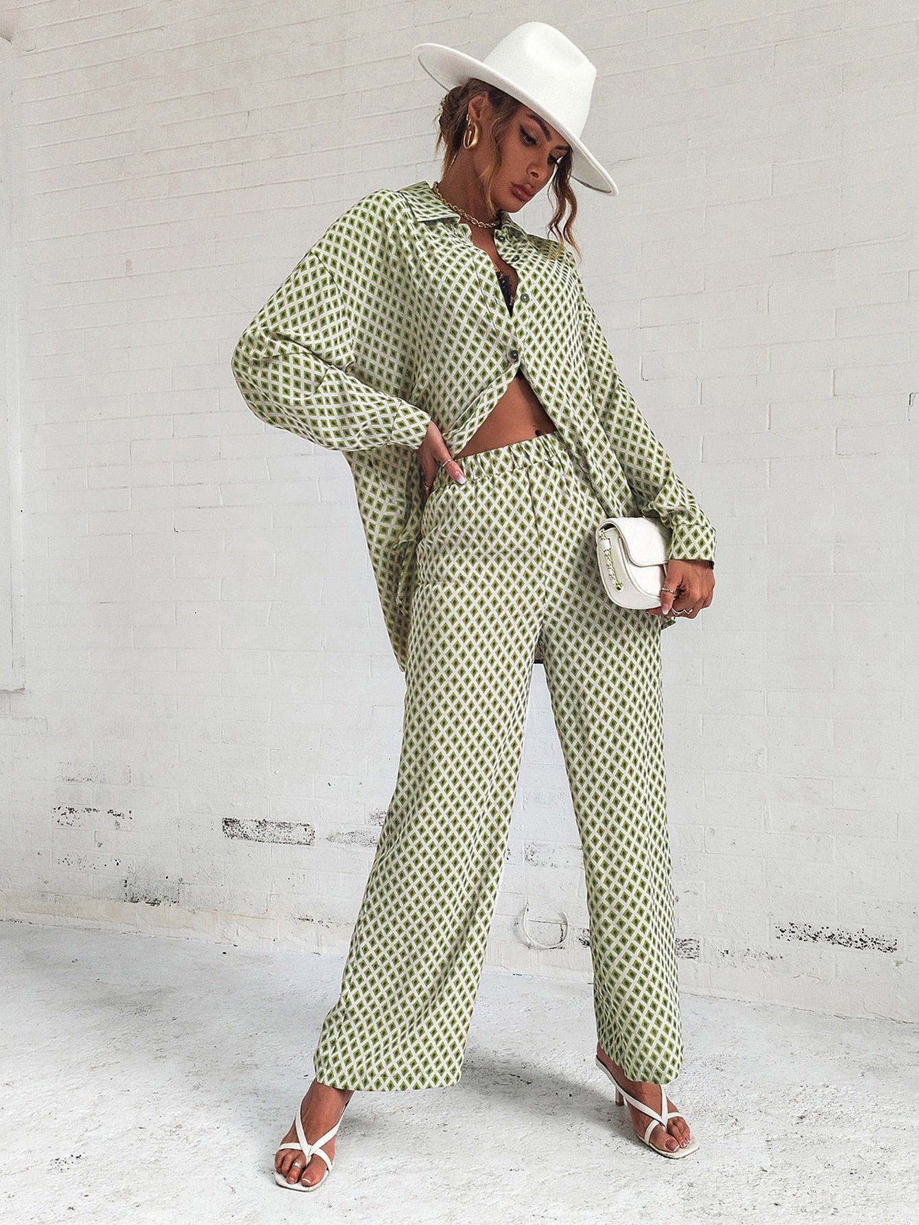  | SHEIN Privé Argyle Print Drop Shoulder Blouse & Wide Leg Pants | Top and Pant Set | Shein | OneHub