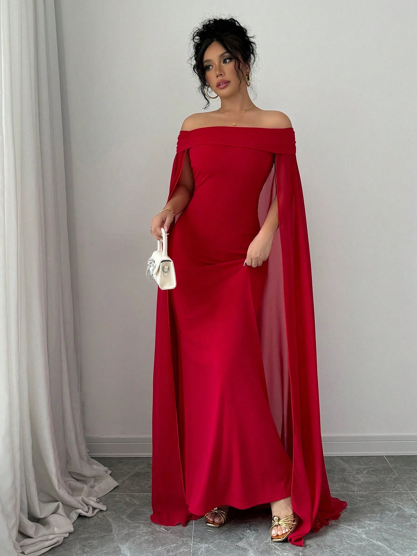 SHEIN Privé Christmas Red Elegant Sexy Off Shoulder Cinched Waist Merm | Dress