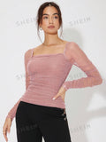  | SHEIN Priv̩ Collar Pleated Glitter Mesh Top | Top | Shein | OneHub