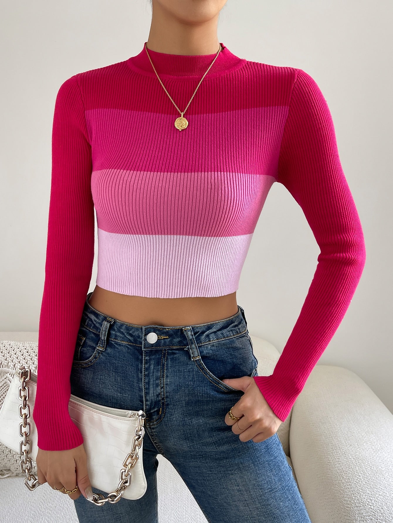  | SHEIN Privé Colour Block Mock Neck Sweater | Top | Shein | OneHub