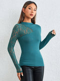  | SHEIN Priv̩ Contrast Lace Mock Neck Tee | Top | Shein | OneHub