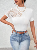 SHEIN Privé Contrast Lace Mock Neck White Tee
