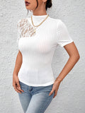  | SHEIN Privé Contrast Lace Mock Neck White Tee | Top | Shein | OneHub