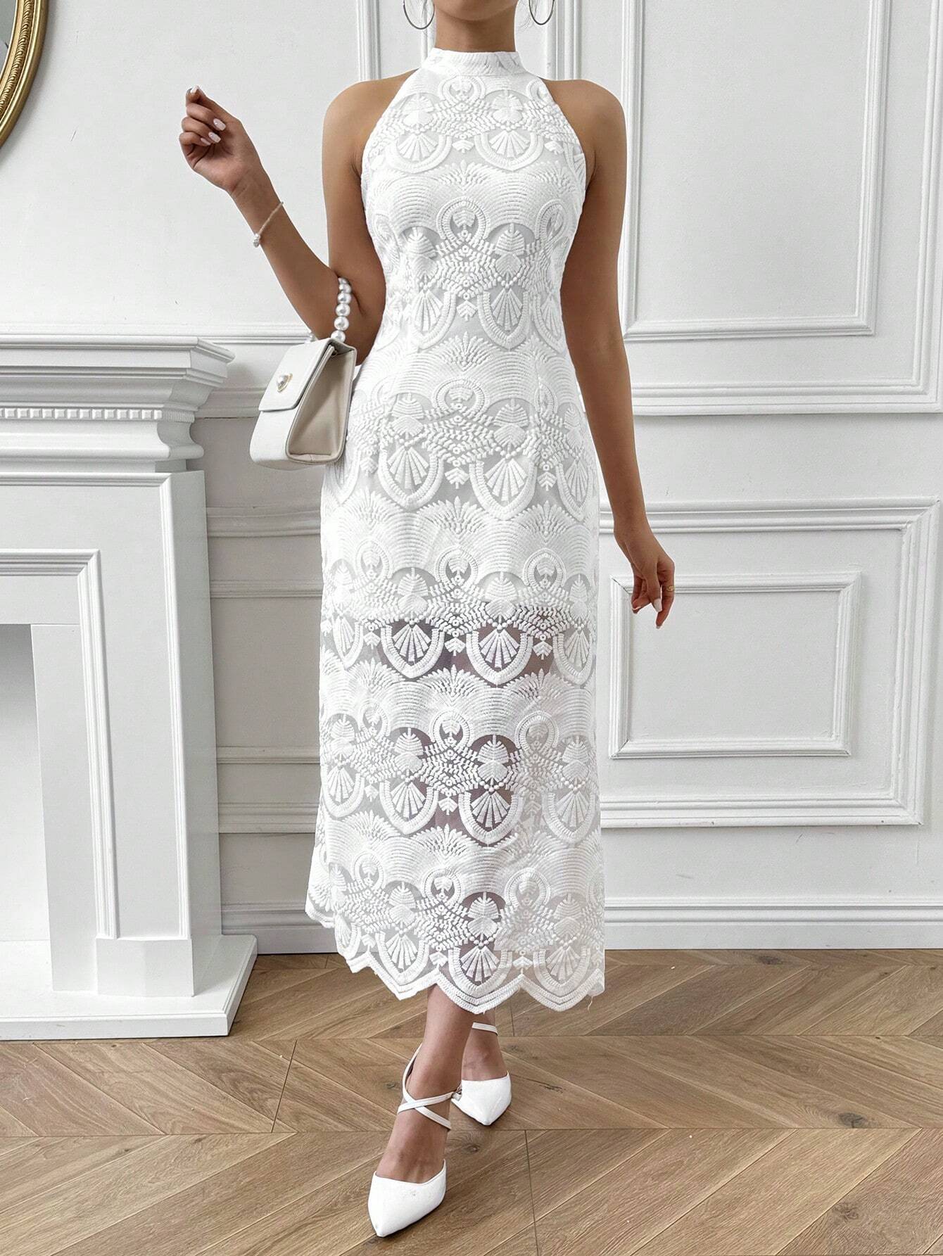 | SHEIN Privé Elegant Lace Halter Neck Slim Fit Midi Dress For Wedding Party Or Elegant Gatherings | Dress | Shein | OneHub