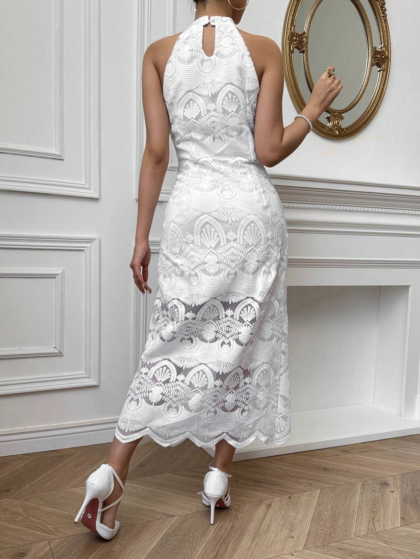 SHEIN Privรฉ Elegant Lace Halter Neck Slim Fit Midi Dress For Wedding P | Dress
