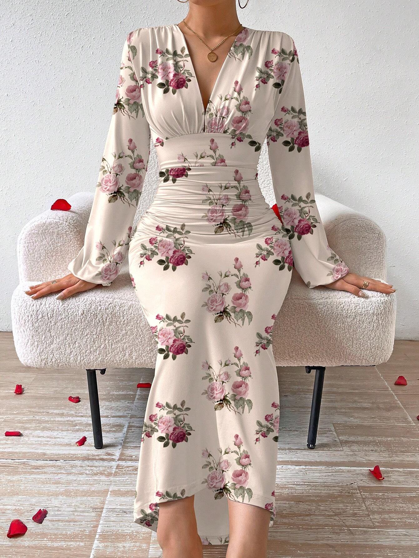 SHEIN Privé Elegant Women Party V-Neck Floral Print Ruched Puff Sleeve | Dress SHEIN Privé Elegant Women Party V-Neck Floral Print Ruched Puff Sleeve | Dress