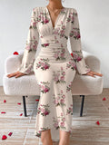 SHEIN Privé Elegant Women Party V-Neck Floral Print Ruched Puff Sleeve Dress