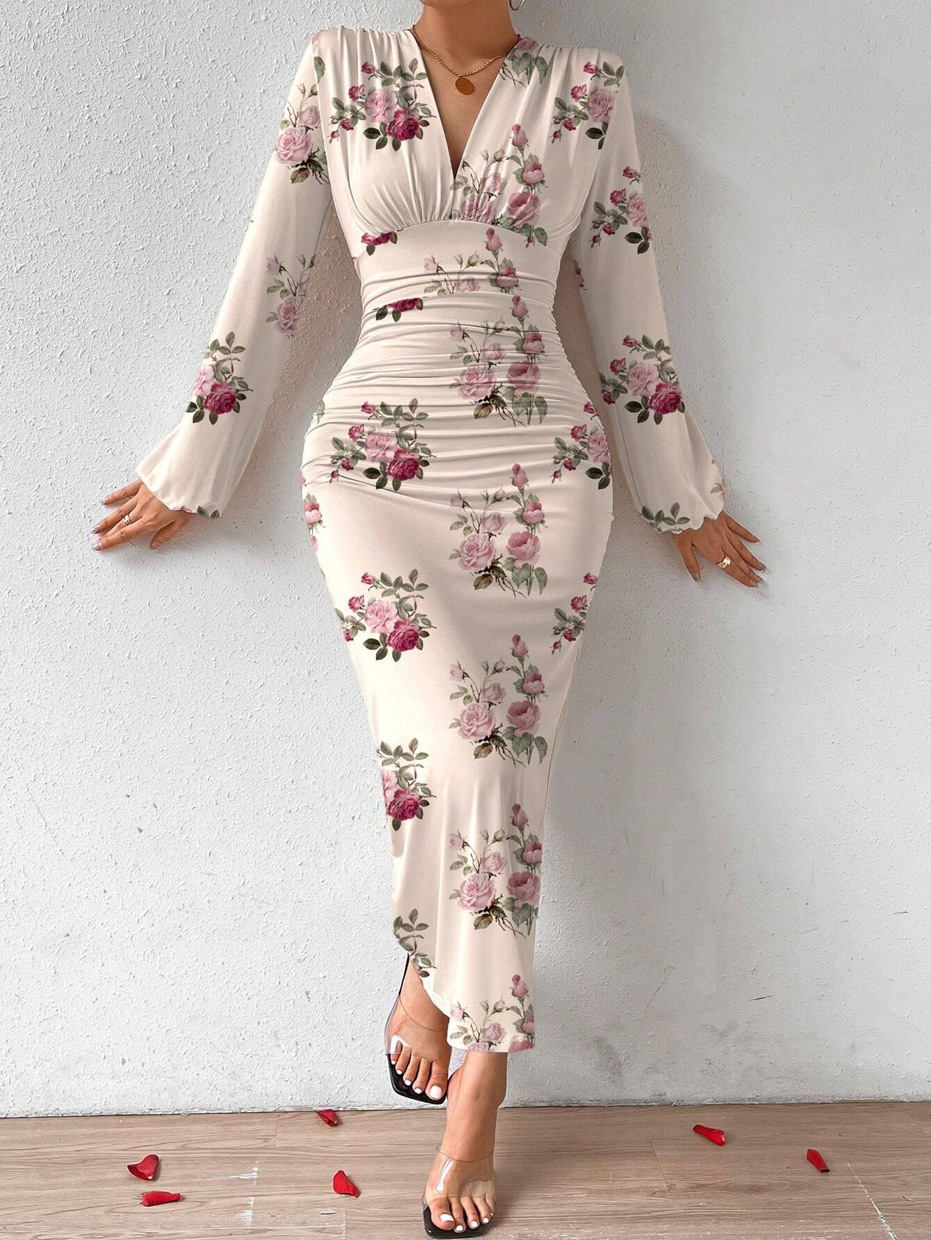 shein usa dresses SHEIN Privé Elegant Women Party V-Neck Floral Print Ruched Puff Sleeve | Dress