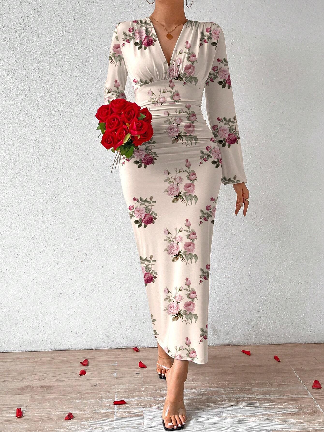 SHEIN Priv Elegant Women Party V-Neck Floral Print Ruched Puff Sleeve | Dress | OneHub SHEIN Priv Elegant Women Party V-Neck Floral Print Ruched Puff Sleeve | Dress | OneHub
