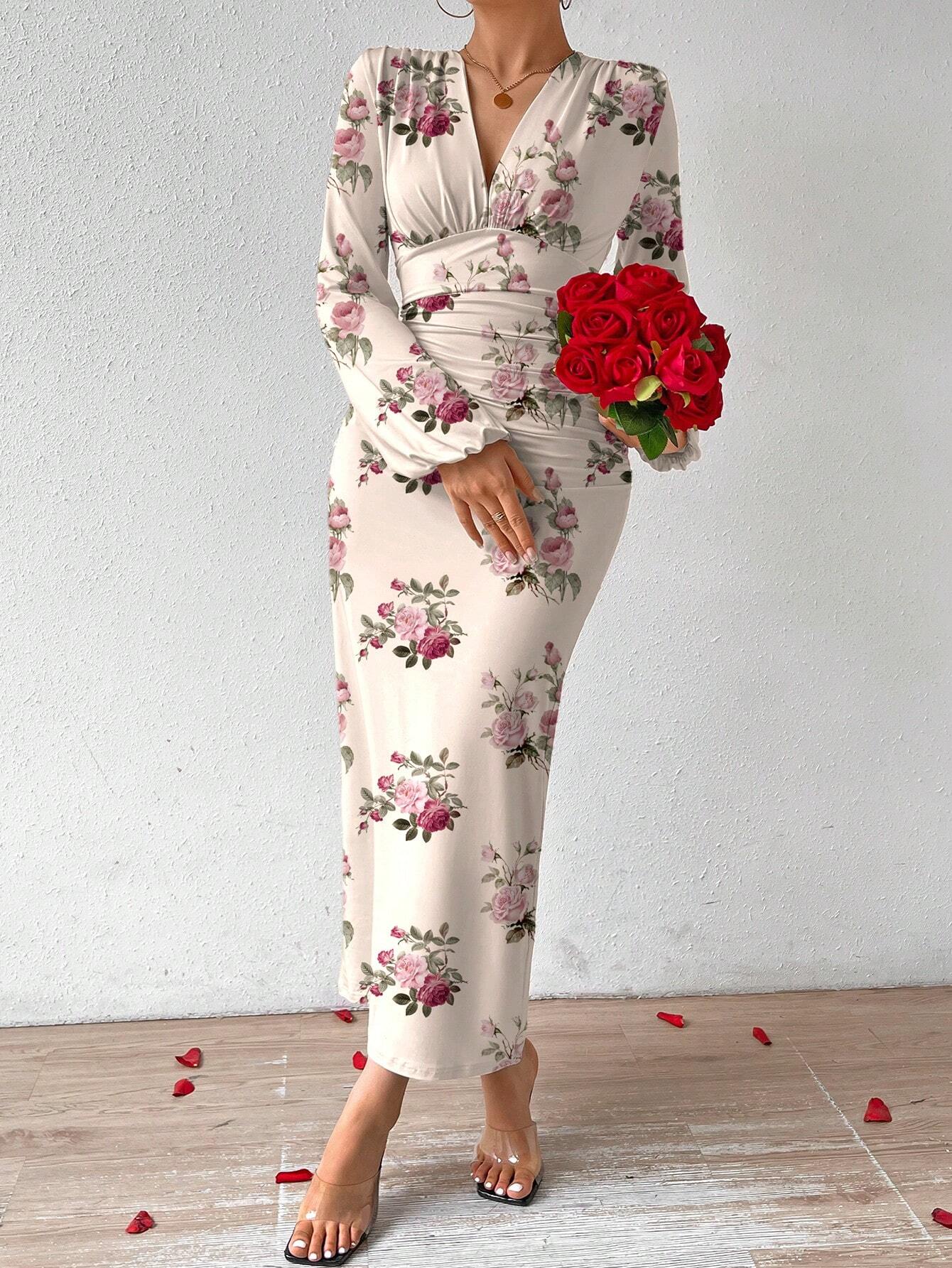 SHEIN Priv Elegant Women Party V-Neck Floral Print Ruched Puff Sleeve | Dress | OneHub SHEIN Priv Elegant Women Party V-Neck Floral Print Ruched Puff Sleeve | Dress | OneHub