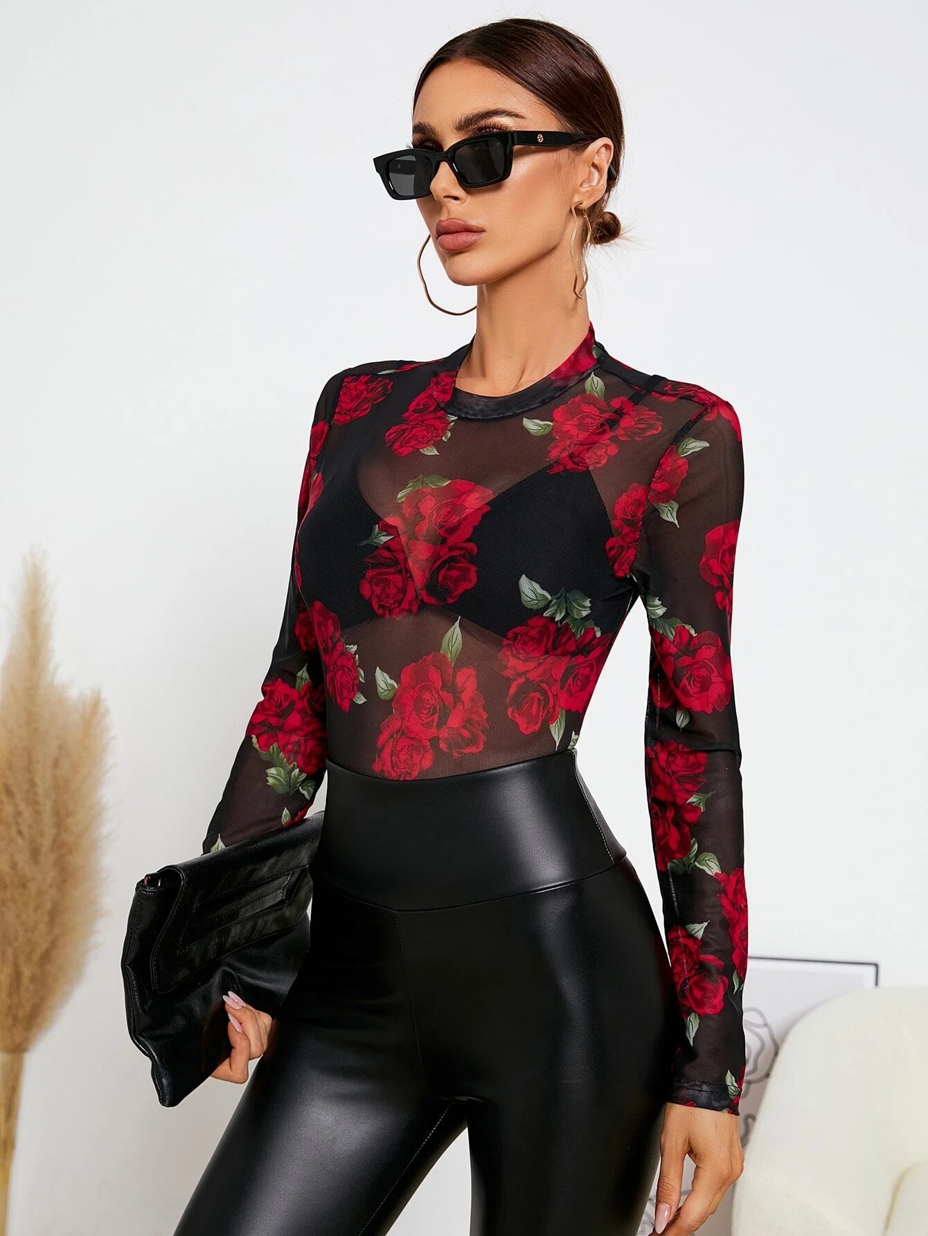  | SHEIN Privé Floral Print Crew Neck Mesh Top Without Bra | Top | Shein | OneHub
