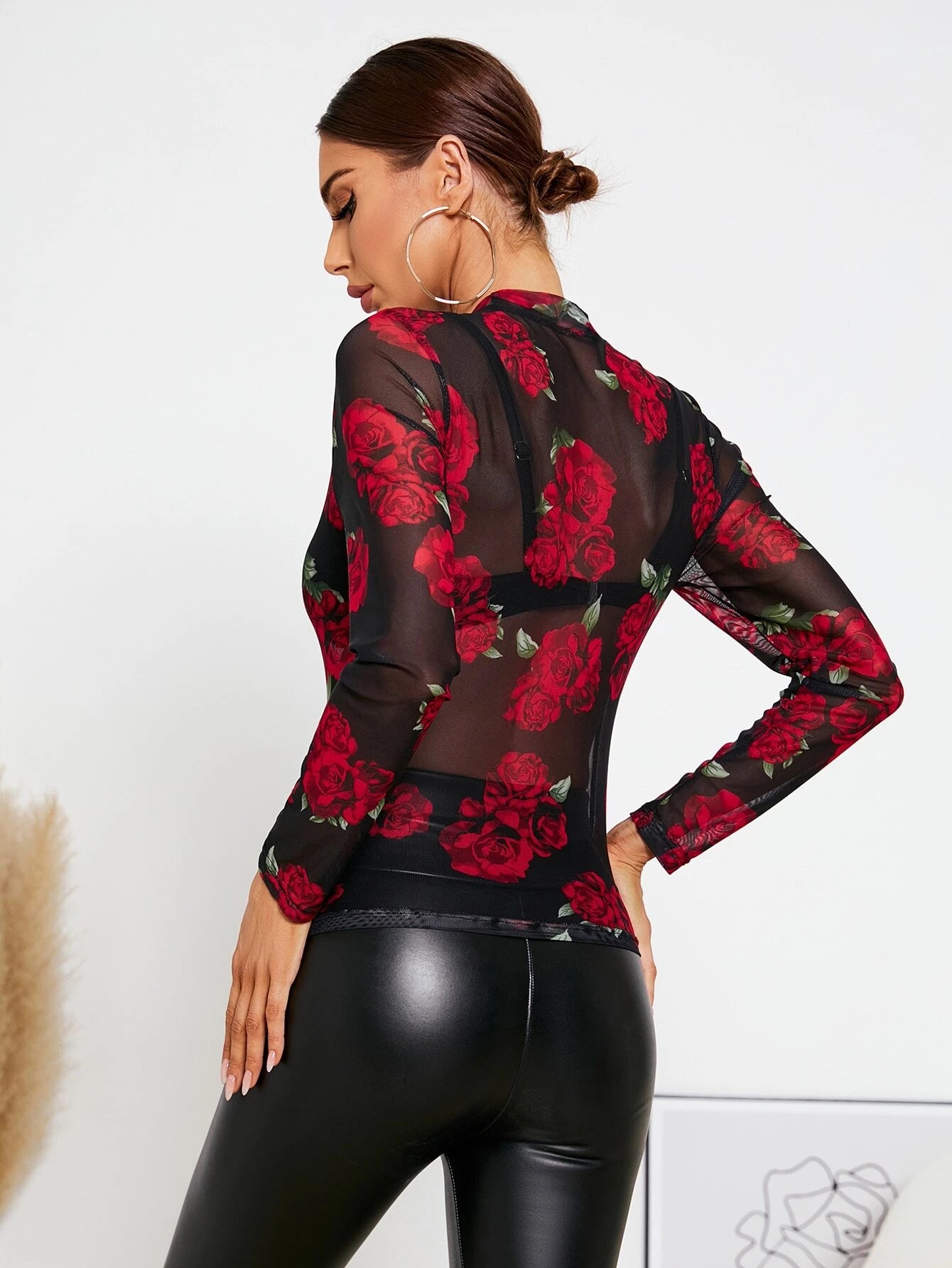  | SHEIN Privé Floral Print Crew Neck Mesh Top Without Bra | Top | Shein | OneHub