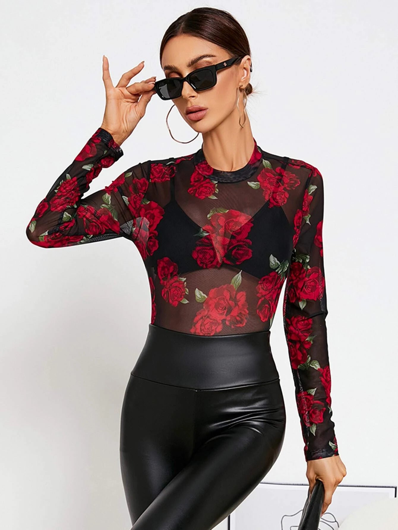  | SHEIN Privé Floral Print Crew Neck Mesh Top Without Bra | Top | Shein | OneHub