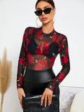  | SHEIN Privé Floral Print Crew Neck Mesh Top Without Bra | Top | Shein | OneHub