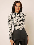  | SHEIN Privé Floral Print Mock Neck Mesh Top | Top | Shein | OneHub