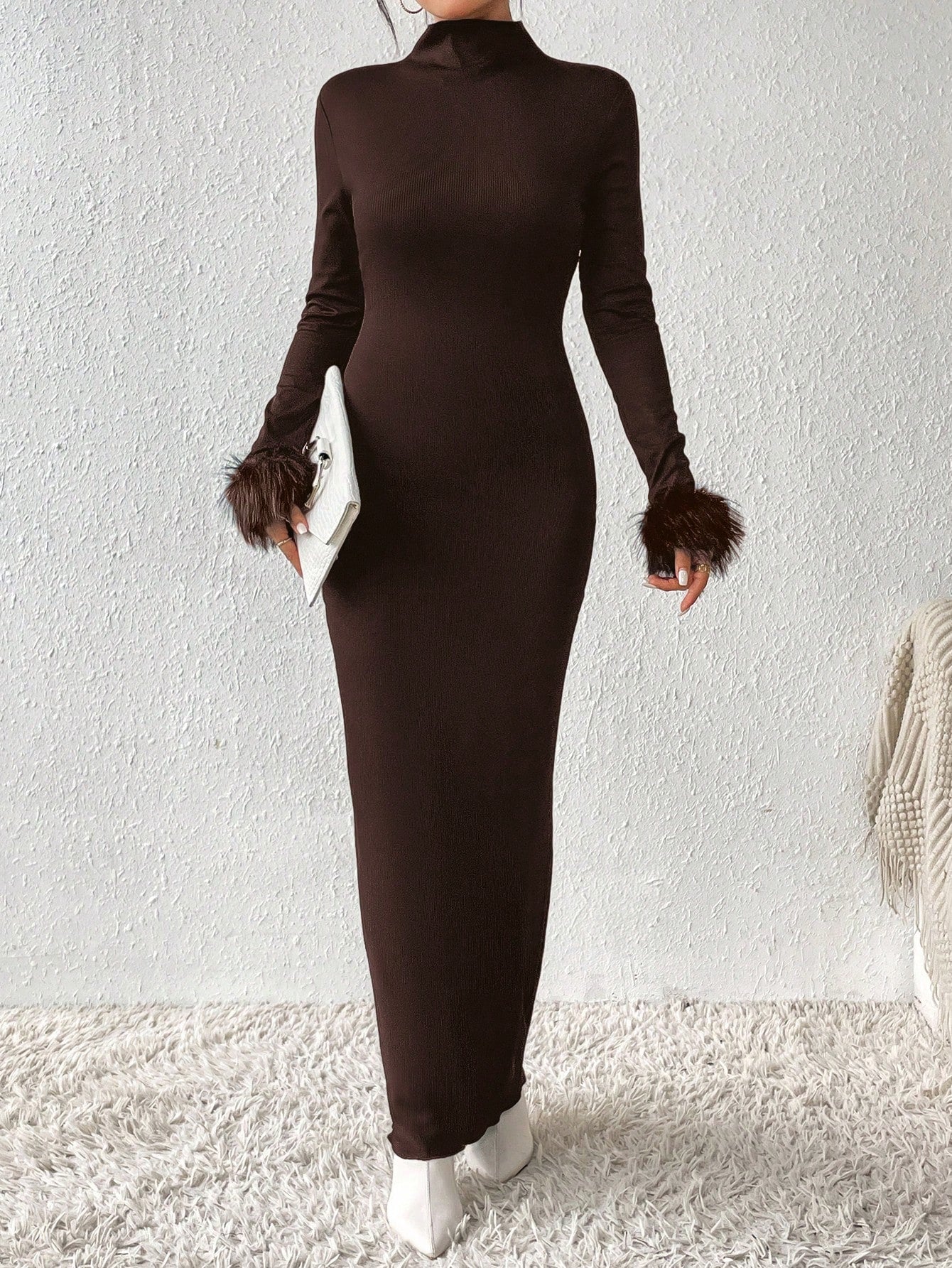 SHEIN Privé Fuzzy Cuff Mock Neck Bodycon Long Black Dress