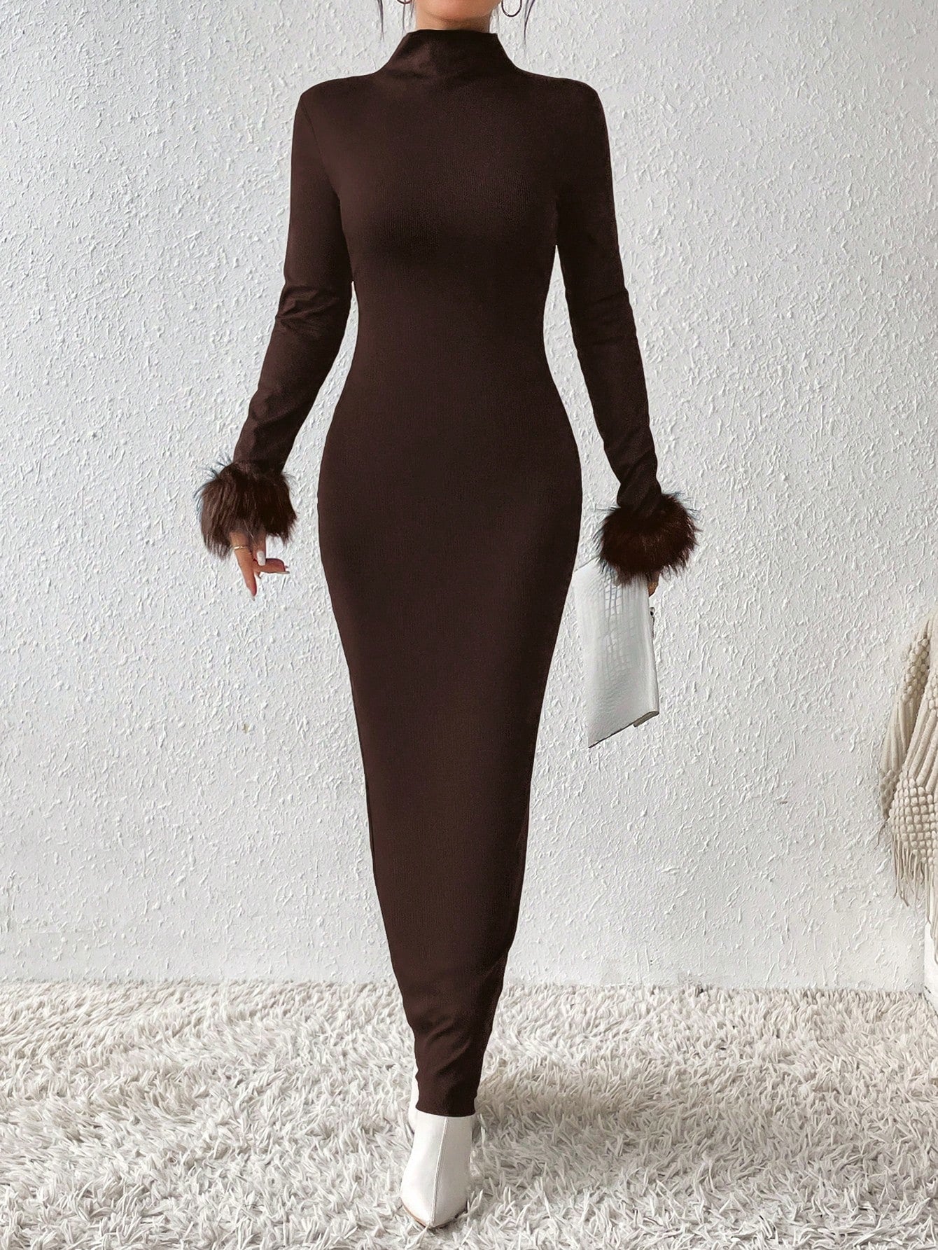 SHEIN Privé Fuzzy Cuff Mock Neck Bodycon Long Black Dress