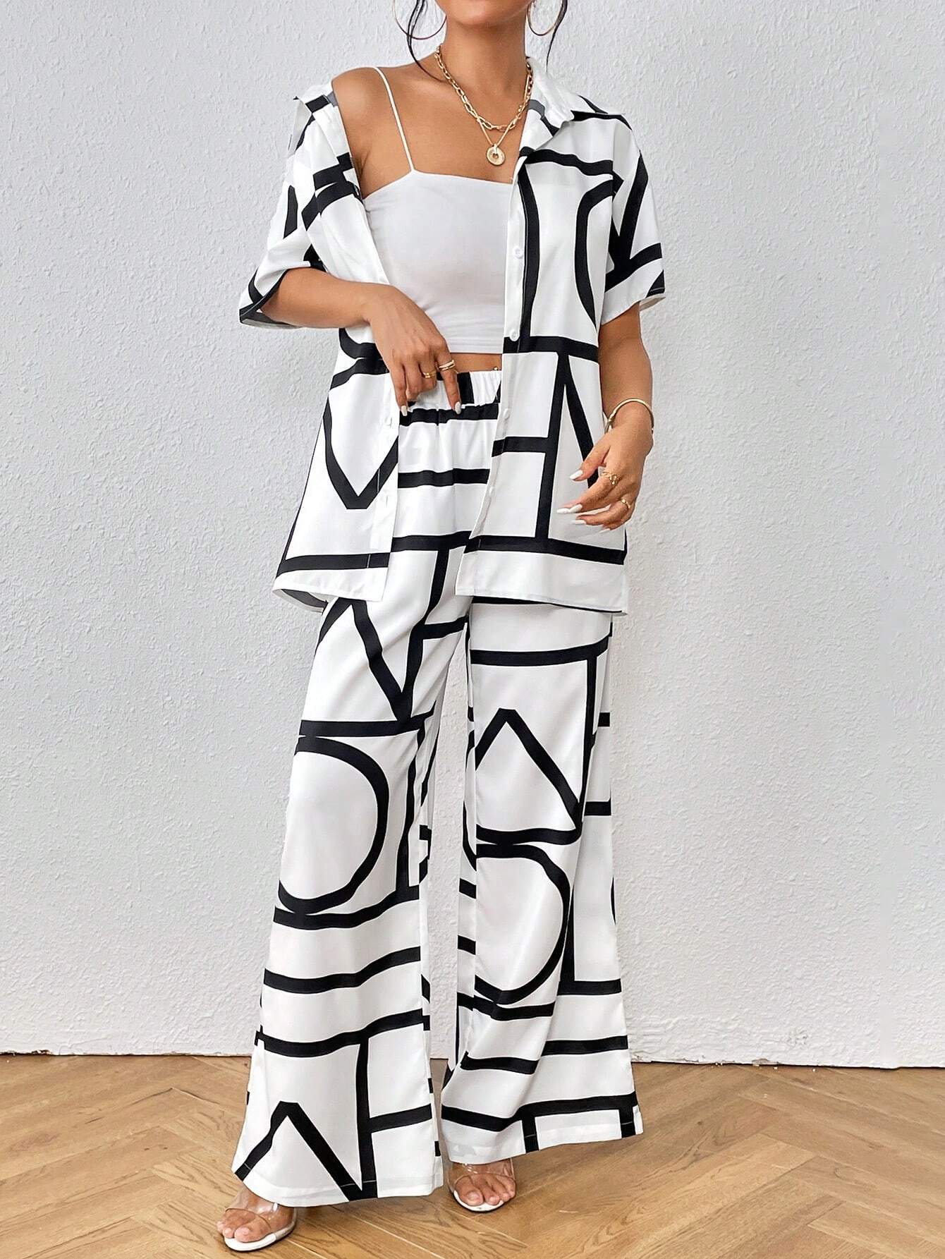  | SHEIN Privé Geo Print Shirt & Wide Leg Pants | Top and Pant Set | Shein | OneHub