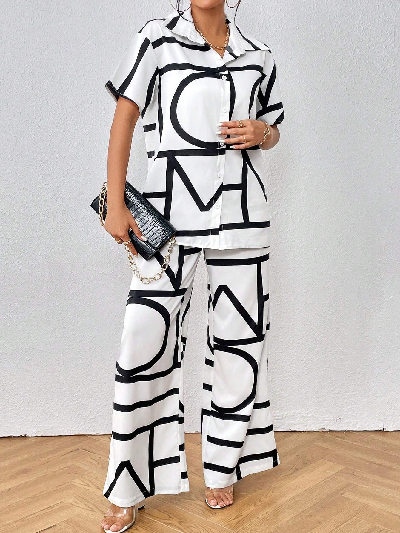  | SHEIN Privé Geo Print Shirt & Wide Leg Pants | Top and Pant Set | Shein | OneHub