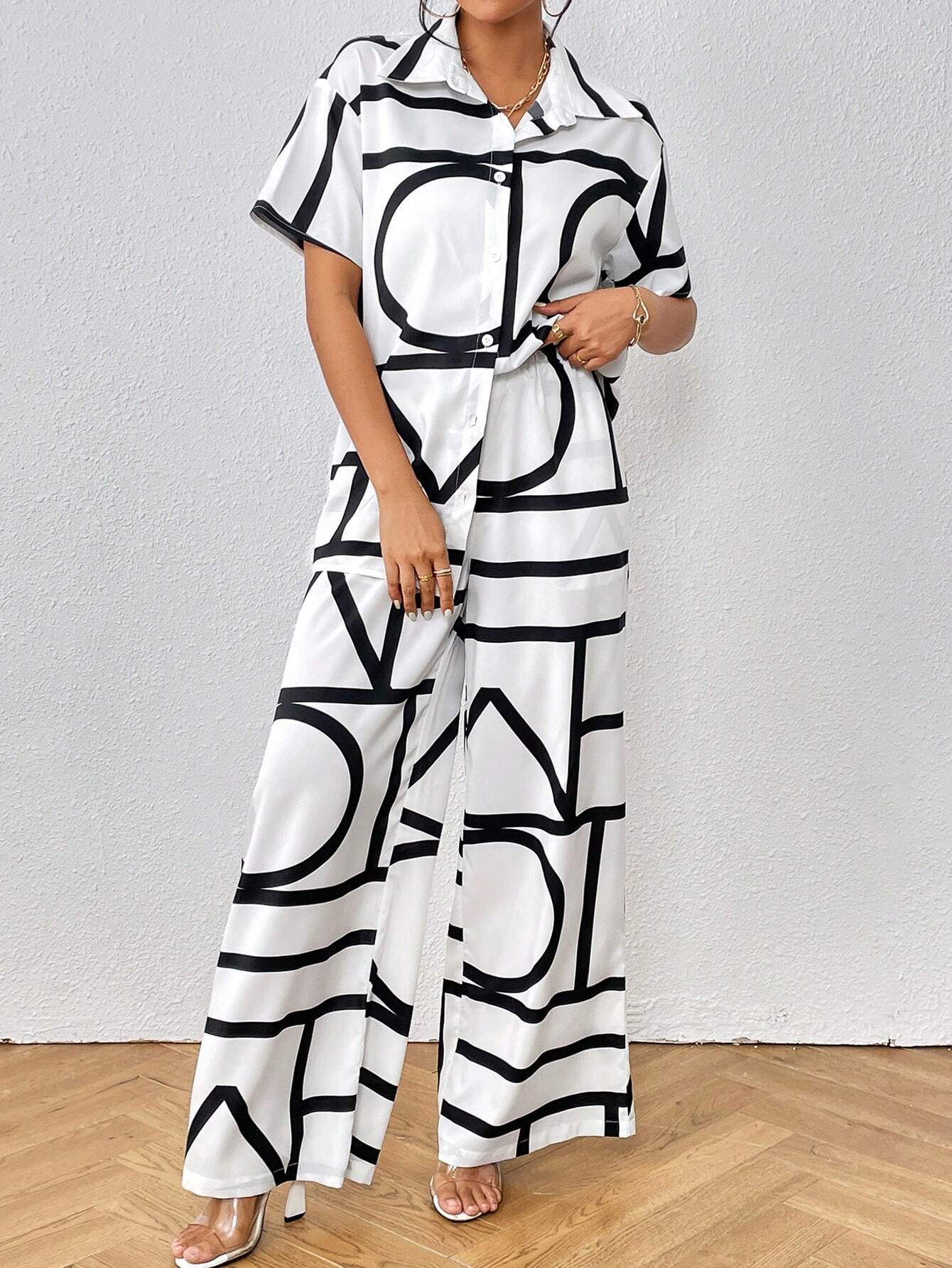  | SHEIN Privé Geo Print Shirt & Wide Leg Pants | Top and Pant Set | Shein | OneHub